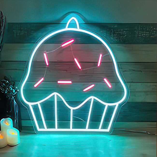 A neon cupcake sign in blue and pink LED lights for a Coffee shop or cafe