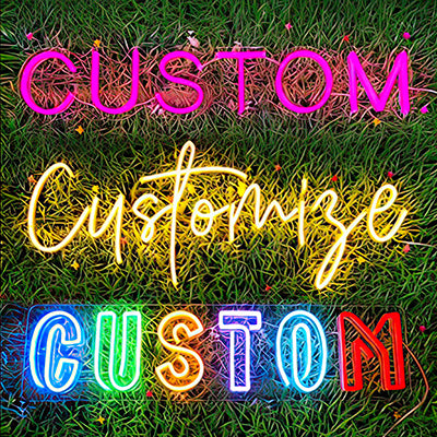 Multi-color neon sign with the word "Custom" on green grass background