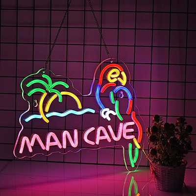 "Man Cave" with Island and parrot in multi-color neon light
