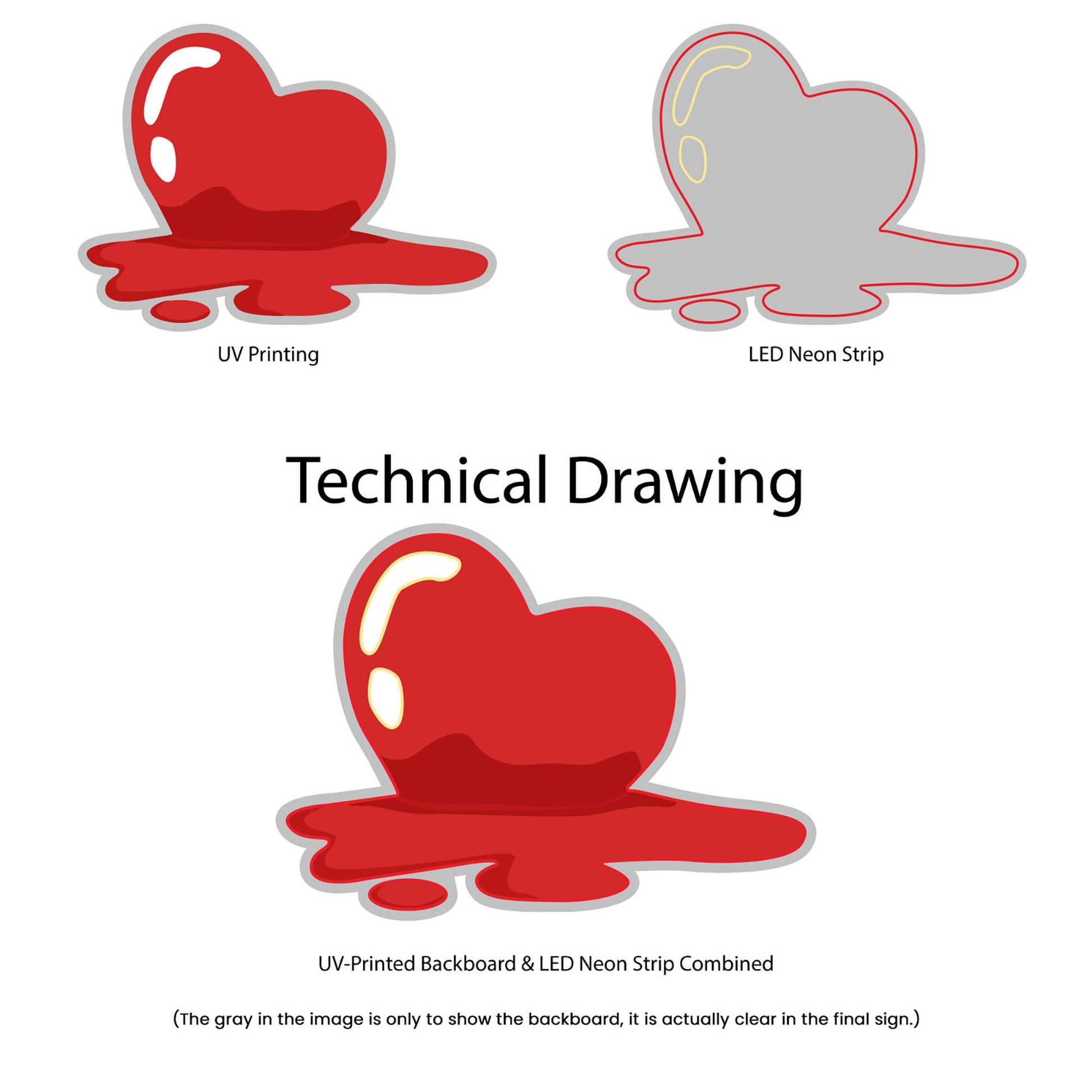 Melting Heart Emoji Neon Sign - Multi-Color - Technical Drawing