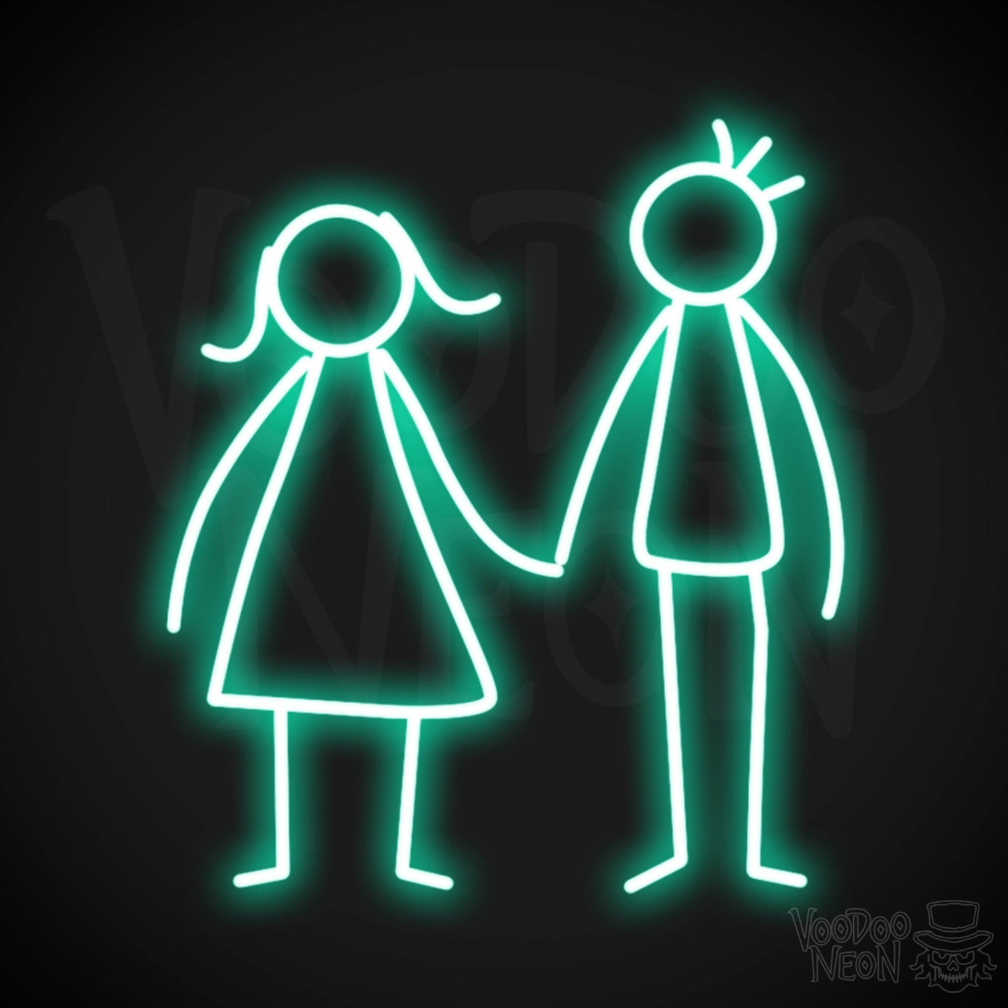 Stick Figures Holding Hands Neon Sign - Neon Stick Figures Wall Art - Color Light Green