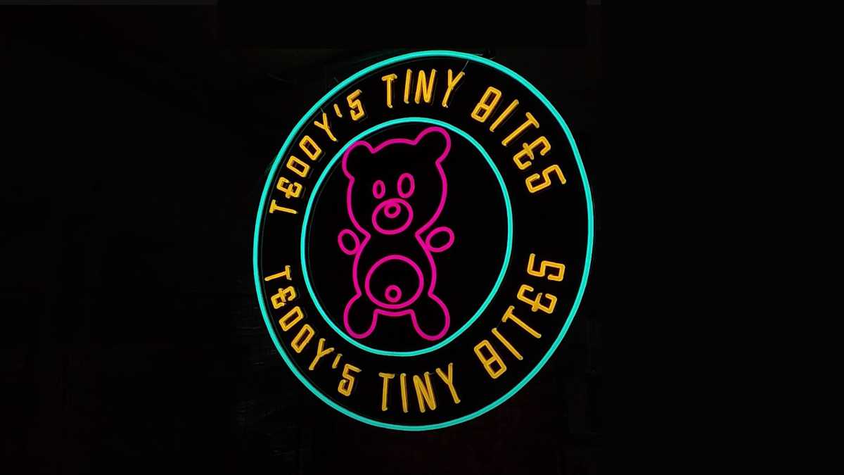 Load video: Custom neon sign for Tiny Teddys Bites Cafe &amp; Restaurant