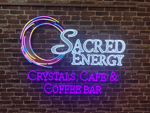 Sacred Energy Crystal, Cafe & Coffee Bat neon sign - Live working post-production