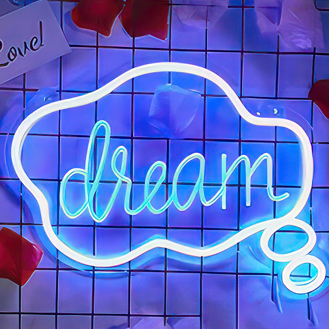Dream neon sign in a dream bubble in blue LED lights and bedroom setting