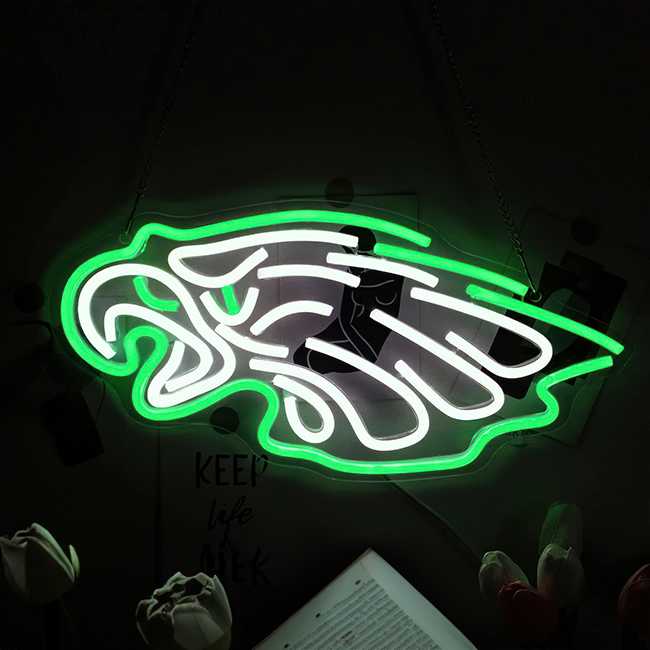 LED neon sign featuring an eagle - wall art in white and green color lights