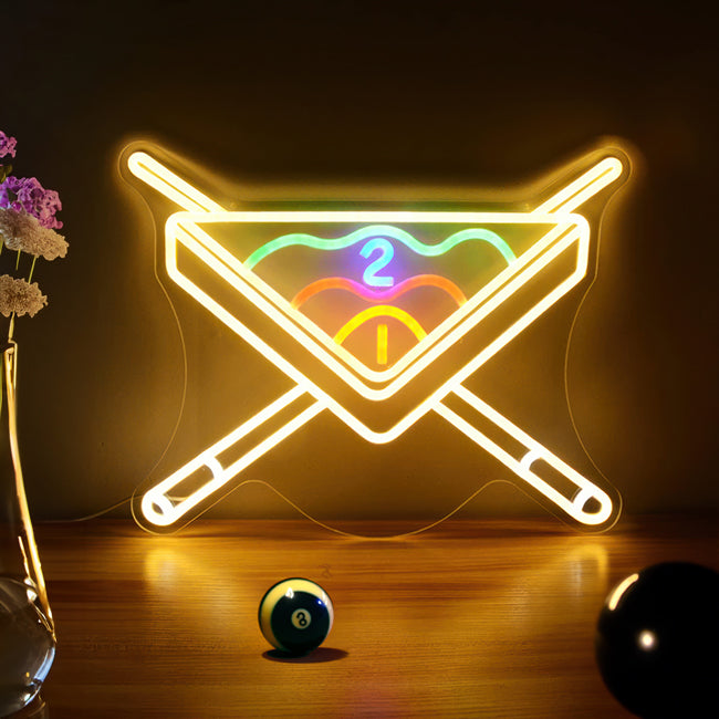 Neon snooker and pool sign - Cues, balls and triangle