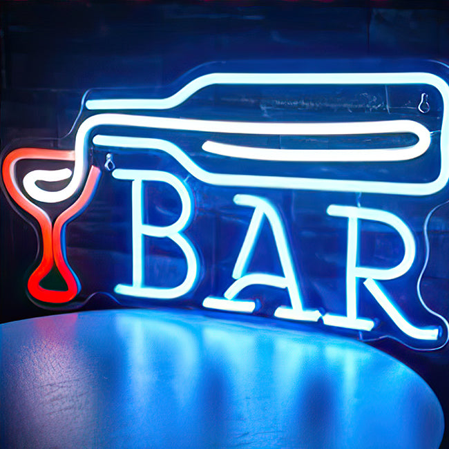 Bar neon sign with wine glass and bottle pouring - red, white and blue LED lights