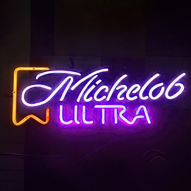 Michelob Ultra neon logo sign - in orange, purple and white LED lights
