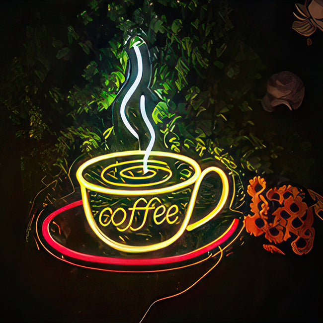 Steaming coffee cup neon sign for a Cafe