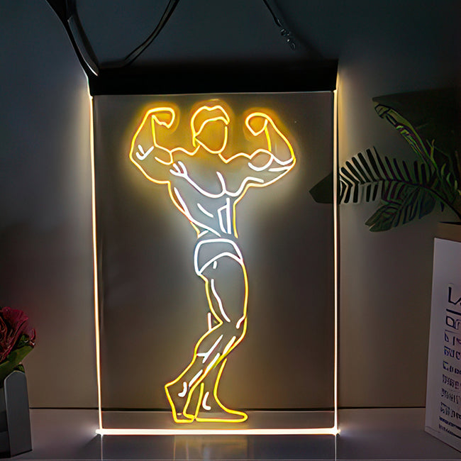 Muscle man posing neon sign in yellow and white LED lights
