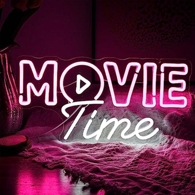 Movie Time neon sign in pink and white LED lights