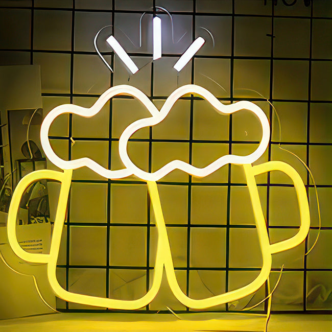 Frothy beer glasses in an LED neon flex light