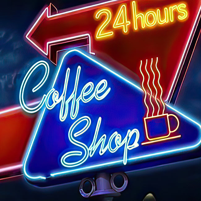 24 hours coffee shop outdoor LED sign in red, blue, orange, yellow and white LED