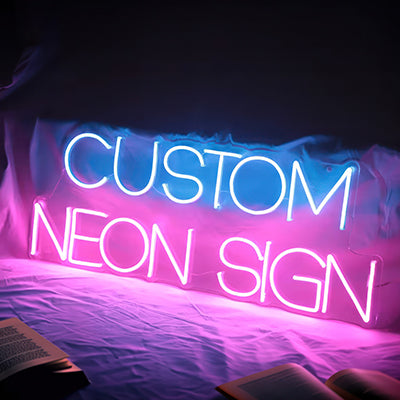 Custom neon sign in ice blue and warm pink lights