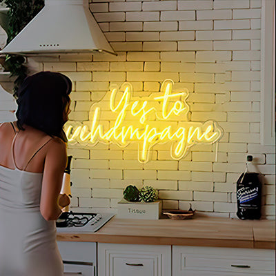 Yes to Champagne LED neon sign bright yellow letters