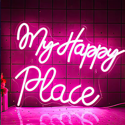 My Happy Place neon sign for home decor - lit up in bright pink LED lights