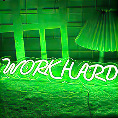 Workhard written in green LED lights office sign