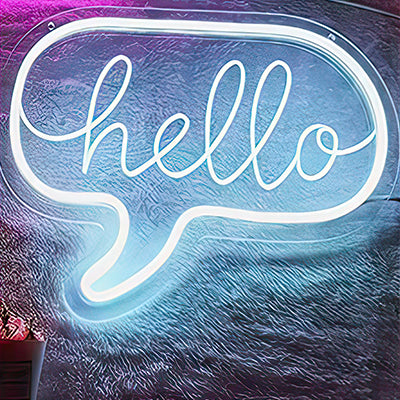 LED light up sign with the word Hello in a speech bubble - white LED lights