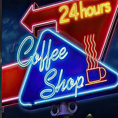 24 hour coffee shop outdoor neon sign