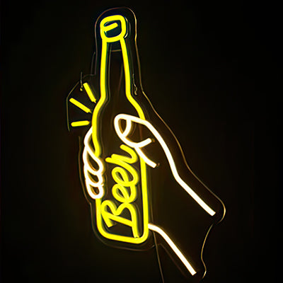 Neon light of someone holding a beer bottle with the word beer written on it