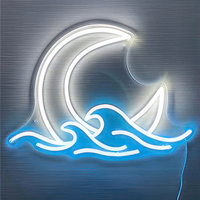 A neon sign showing a half moon in amongst the waves in white and blue LED lights
