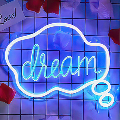 A neon sign showing the word Dream in a cloud in blue LED lights