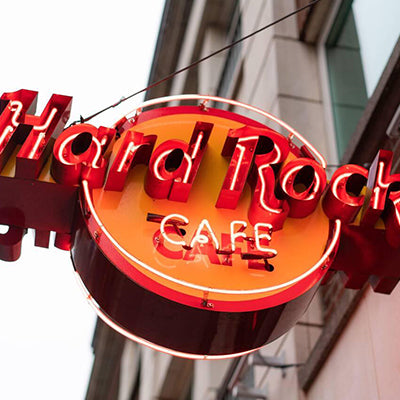 Hard Rock Cafe neon sign outside their Los Angeles restaurant