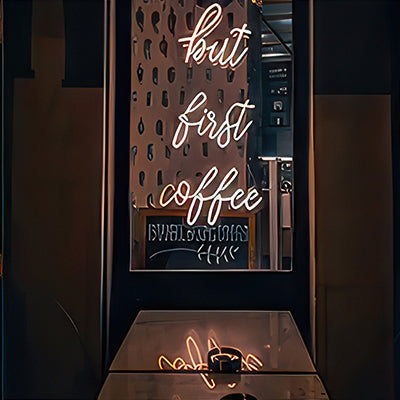 But First Coffee neon sign in white LED lights