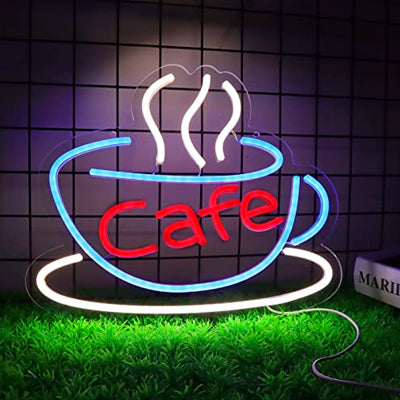 Coffee cup with Cafe written inside, and steaming in white, blue and red LED lights