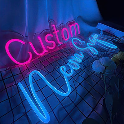 Custom neon sign with pink and blue LED lights