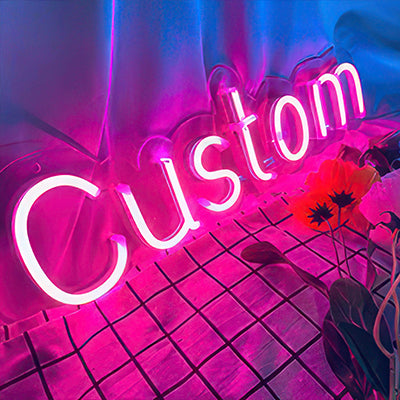 Custom neon sign next to the curtains