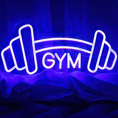 A dumbell neon sign with GYM written underneath in white LED with blue background