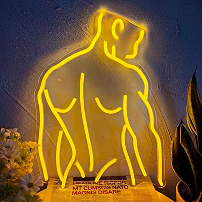 Neon sign of a muscle man back silhouette in yellow LED lights
