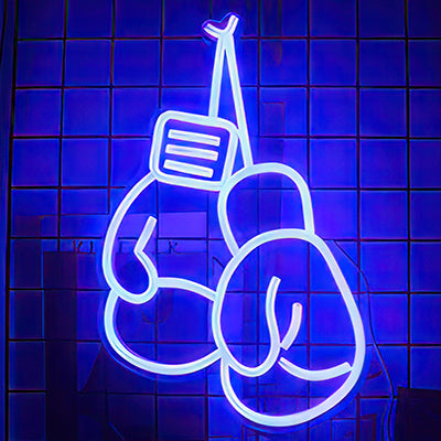 LED sign depicting boxing gloves in blue LED lights