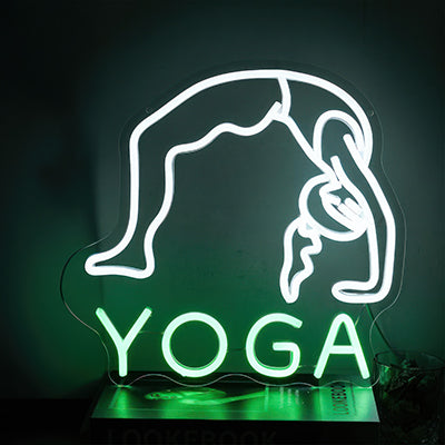 Woman bending over backwards in LED lights idea for a yoga studio