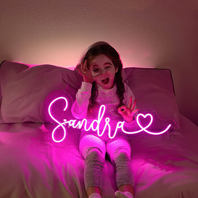 Example neon name sign for Sandra in pink LED with love heart
