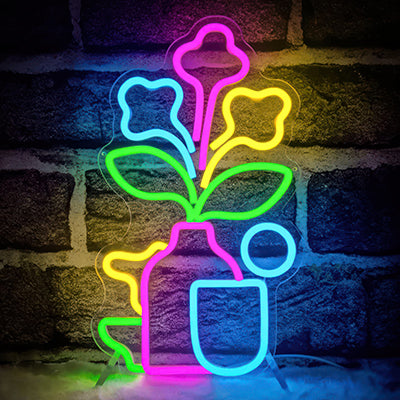 Example kids LED sign plant pot with flowers in multi-color