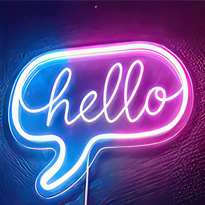 Hello neon sign in speech bubble pink and blue LED lights