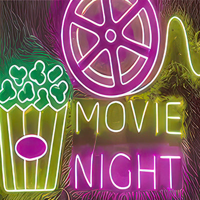 Movie night neon sign for lounge room or home decor in purple or yellow LED lights