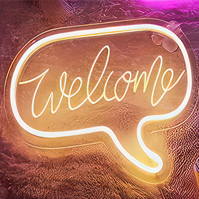 Welcome neon sign in warm white lights