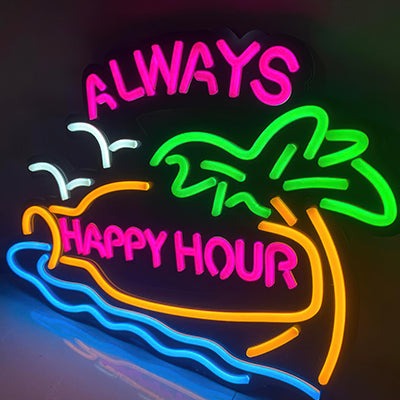 Example neon sign of Always Happy Hour for man-cave bar