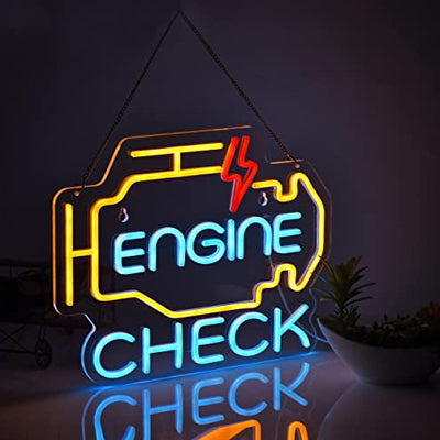 Engine Check with a picture of car engine neon sign in yellow, red and blue LED lights