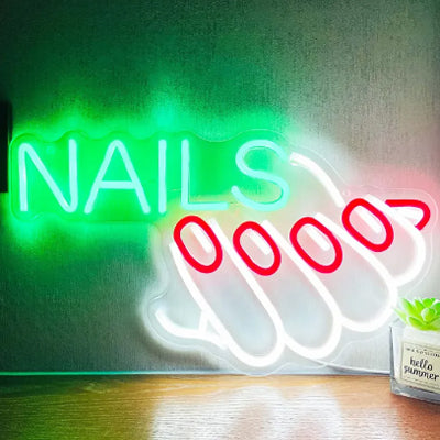 Nails LED neon sign in green, red and white LED lights