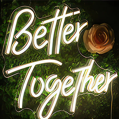 Better together neon sign for wedding in white LED with green grass background