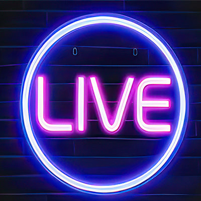 Live neon sign with the word in pink and blue circle around it