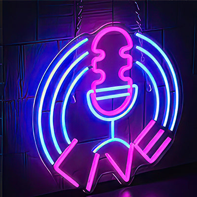 LED artwork of a microphone with the word Live underneath in blue and pink lights