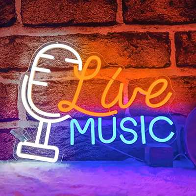 Musical podcast background - example of a custom neon sign for a podcast backdrop
