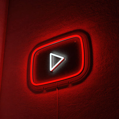 Example of a YouTube play button in an LED sign for podcast backdrops
