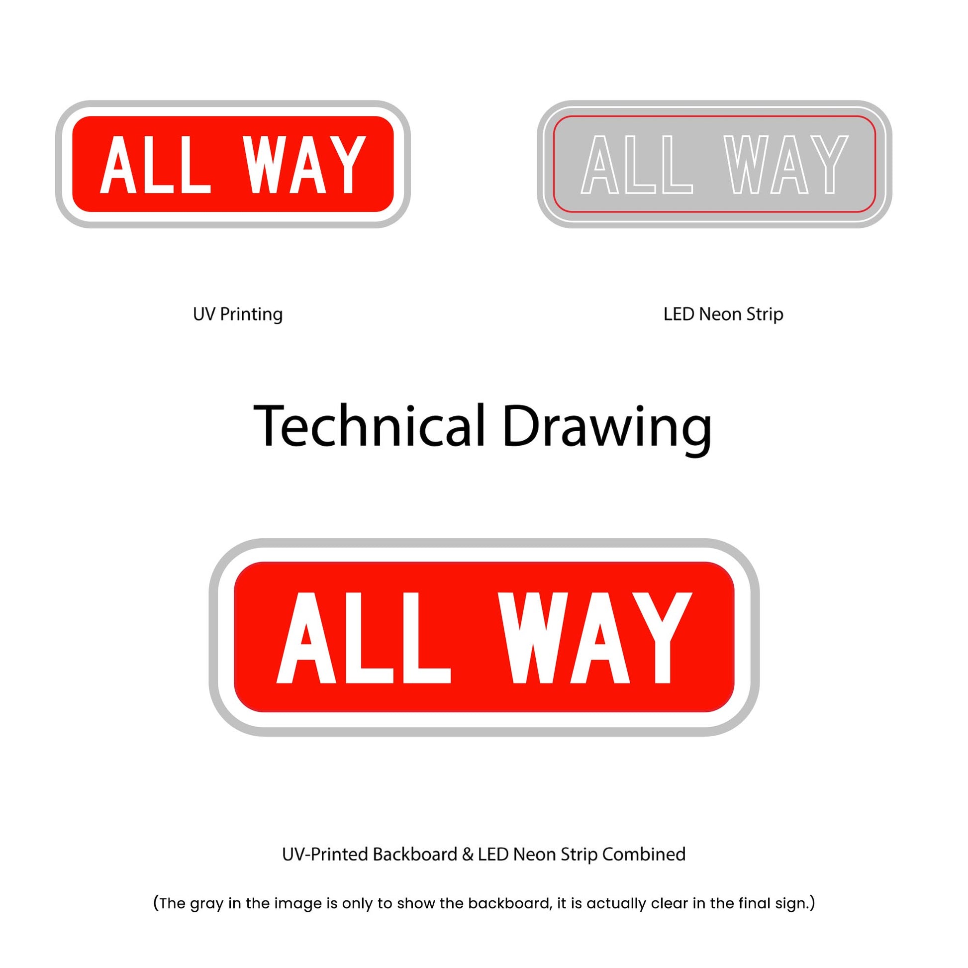 All Way Neon Sign - Multi-Color - Technical Drawing