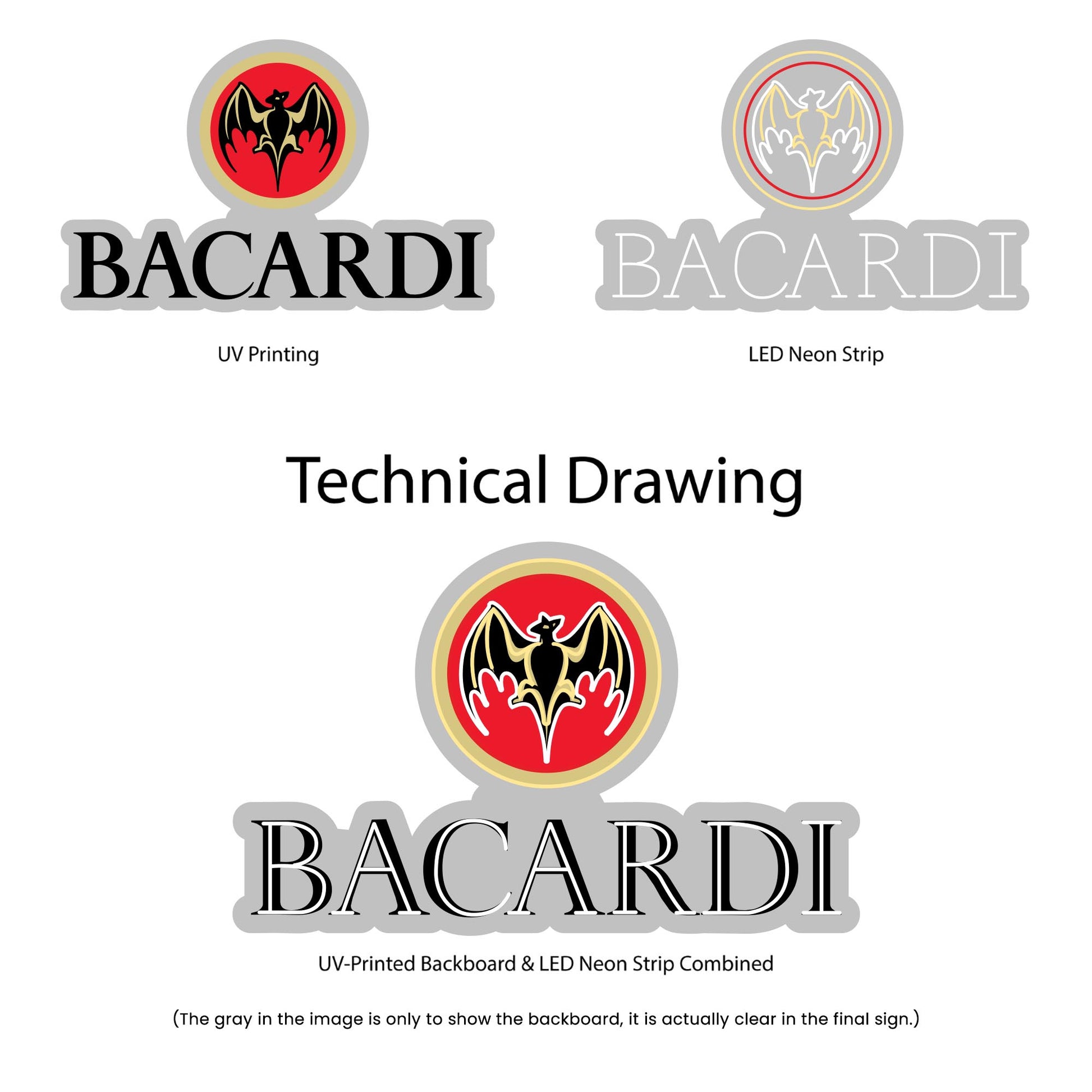 Bacardi Neon Sign - Multi-Color - Technical Drawing